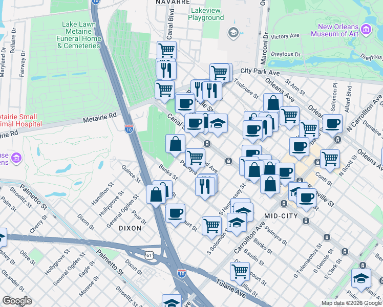 map of restaurants, bars, coffee shops, grocery stores, and more near 211 South Saint Patrick Street in New Orleans