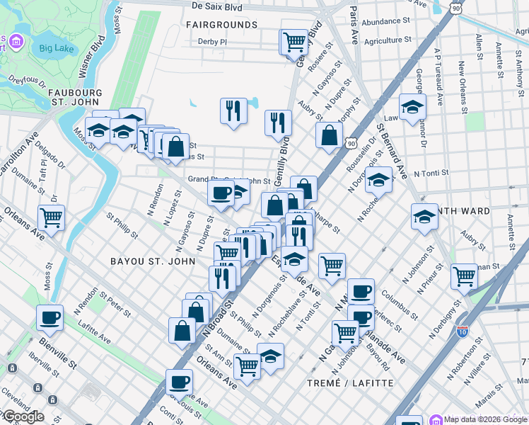 map of restaurants, bars, coffee shops, grocery stores, and more near 2628 Lepage Street in New Orleans