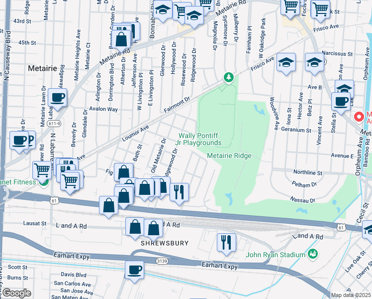map of restaurants, bars, coffee shops, grocery stores, and more near 1506 Forshey Street in Metairie