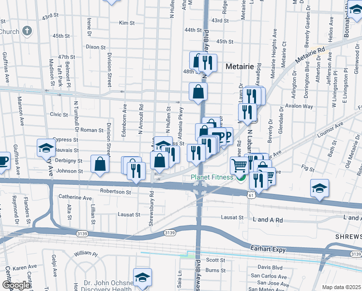 map of restaurants, bars, coffee shops, grocery stores, and more near 3224 Cypress Street in Metairie