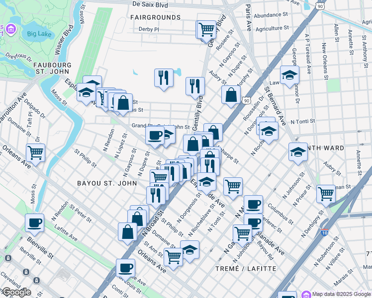 map of restaurants, bars, coffee shops, grocery stores, and more near 2628 Lepage Street in New Orleans