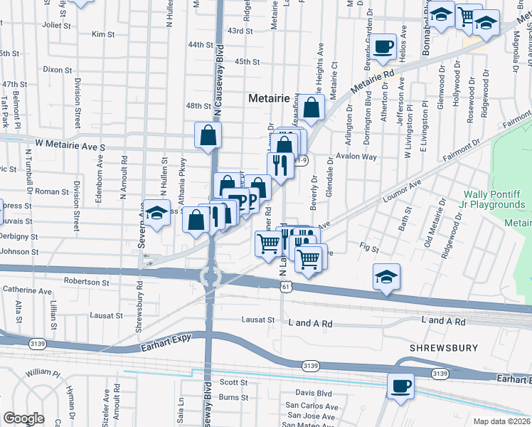 map of restaurants, bars, coffee shops, grocery stores, and more near 110 Gruner Rd in Metairie