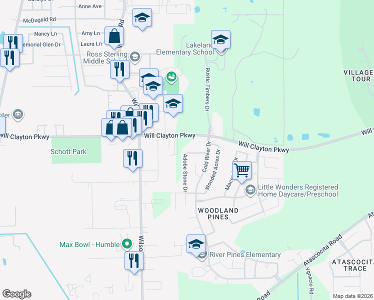 map of restaurants, bars, coffee shops, grocery stores, and more near 9311 Norwood Trails Drive in Humble