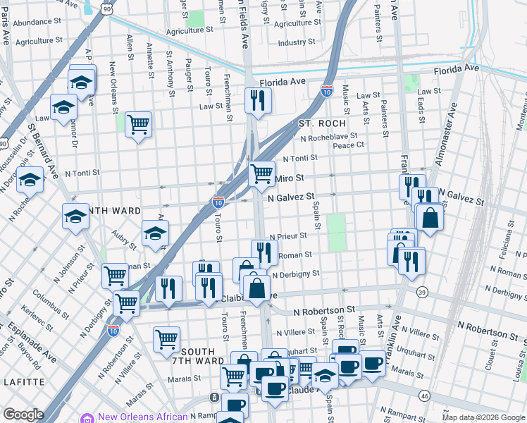map of restaurants, bars, coffee shops, grocery stores, and more near 1935 Elysian Fields Avenue in New Orleans