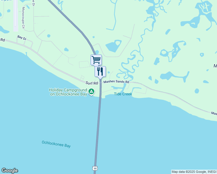 map of restaurants, bars, coffee shops, grocery stores, and more near 11 Mashes Sands Road in Panacea