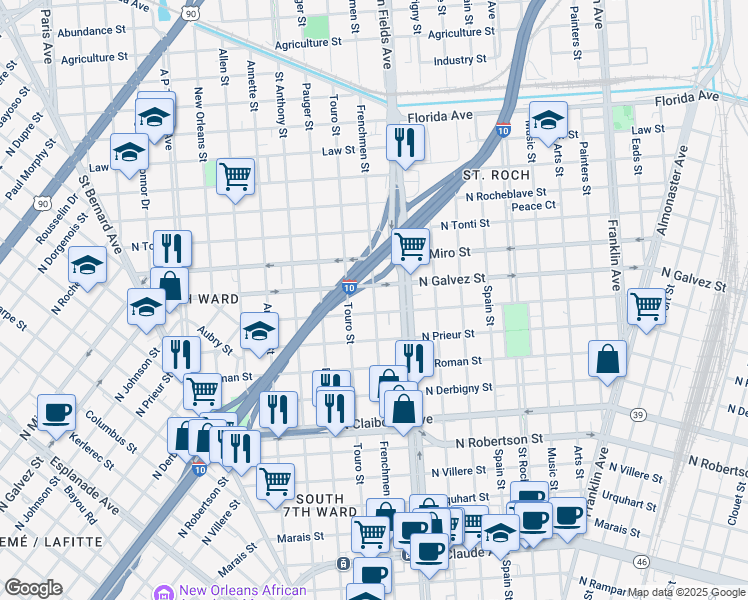 map of restaurants, bars, coffee shops, grocery stores, and more near Frenchmen Street in New Orleans