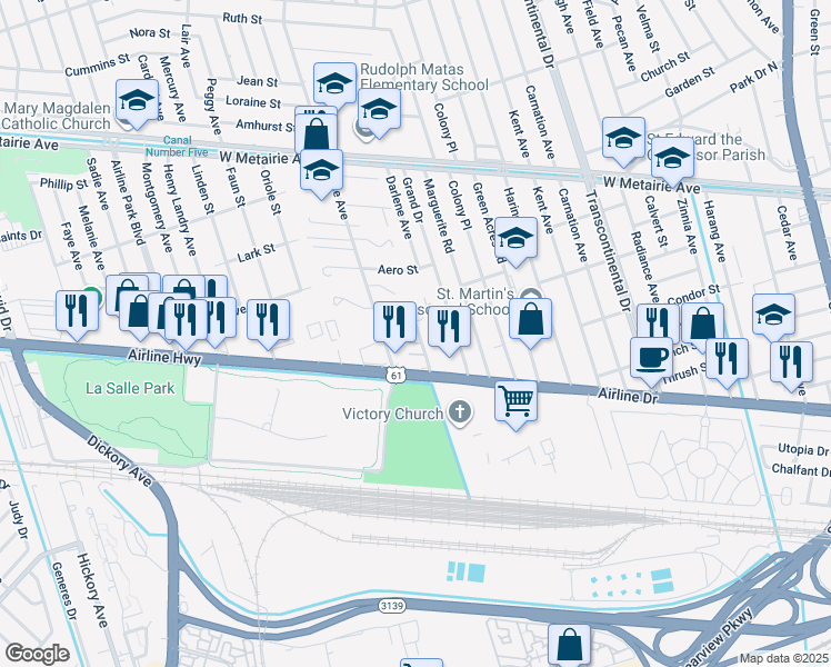 map of restaurants, bars, coffee shops, grocery stores, and more near 15 Orlando Drive in Metairie