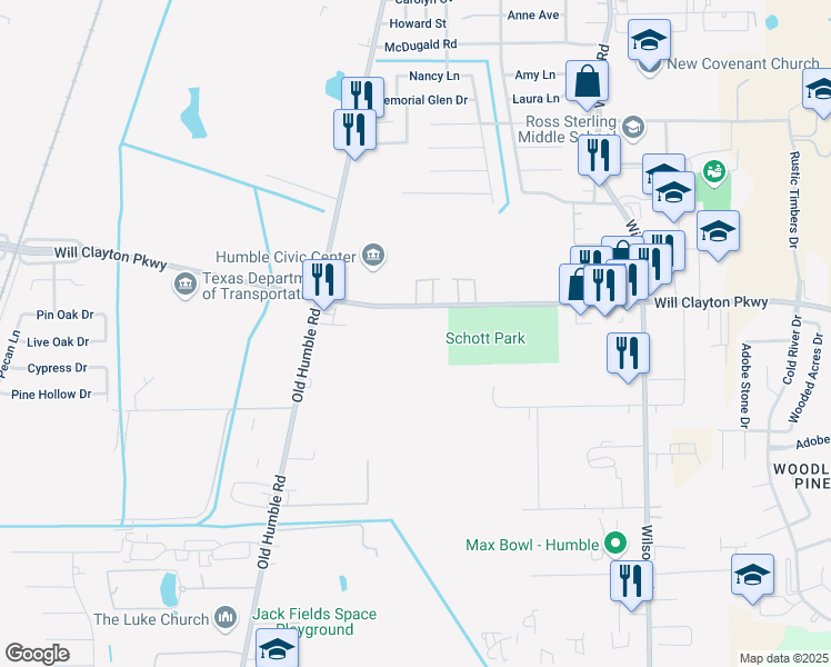 map of restaurants, bars, coffee shops, grocery stores, and more near 8450 Will Clayton Parkway in Humble