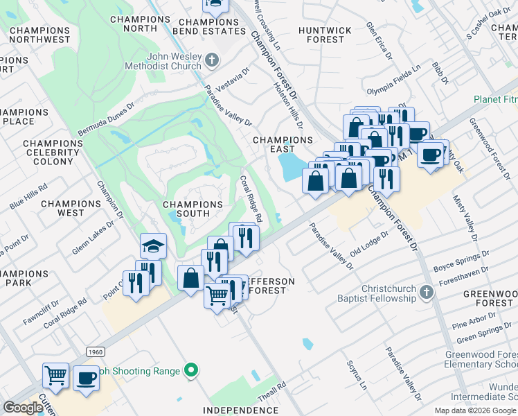 map of restaurants, bars, coffee shops, grocery stores, and more near 6034 Coral Ridge Road in Houston