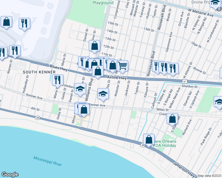 map of restaurants, bars, coffee shops, grocery stores, and more near 606 Clay Street in Kenner
