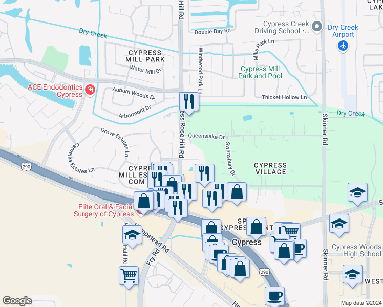 map of restaurants, bars, coffee shops, grocery stores, and more near 17630 Kings Court in Cypress