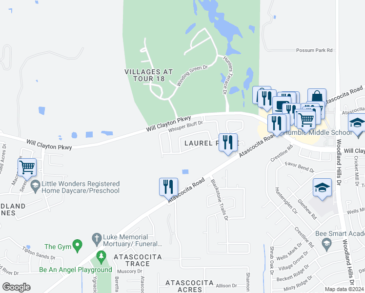 map of restaurants, bars, coffee shops, grocery stores, and more near 17810 Seco Creek Lane in Humble