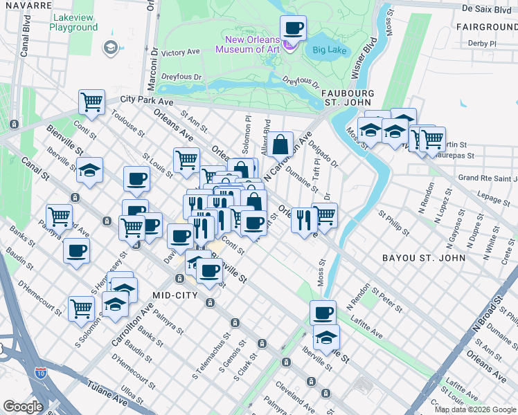 map of restaurants, bars, coffee shops, grocery stores, and more near 3939 Toulouse Street in New Orleans