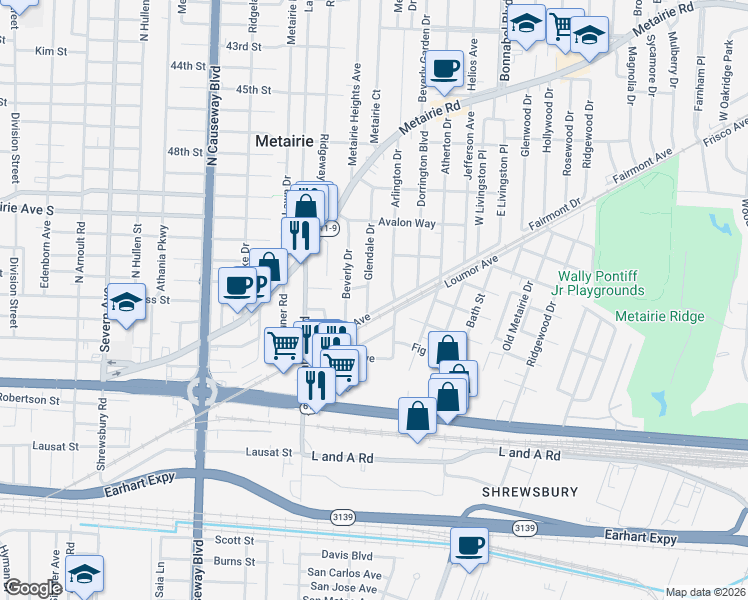 map of restaurants, bars, coffee shops, grocery stores, and more near 600 East Manley Avenue in Metairie