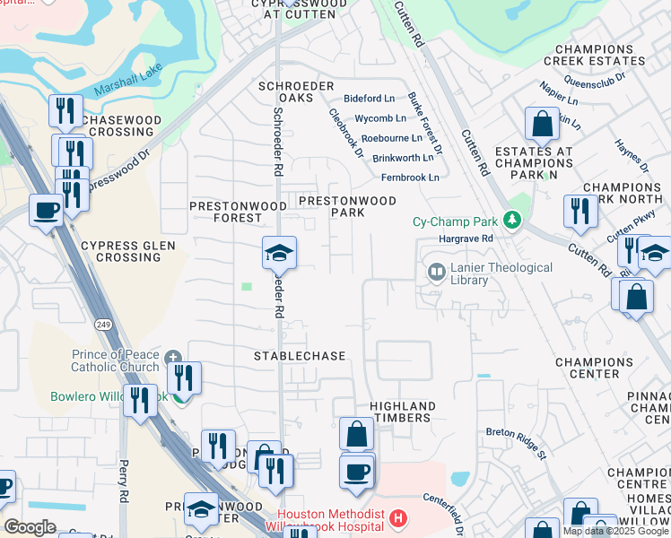 map of restaurants, bars, coffee shops, grocery stores, and more near 13919 Hargrave Road in Houston