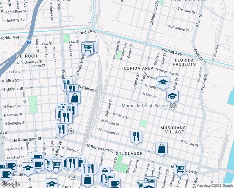 map of restaurants, bars, coffee shops, grocery stores, and more near 2019 Feliciana Street in New Orleans