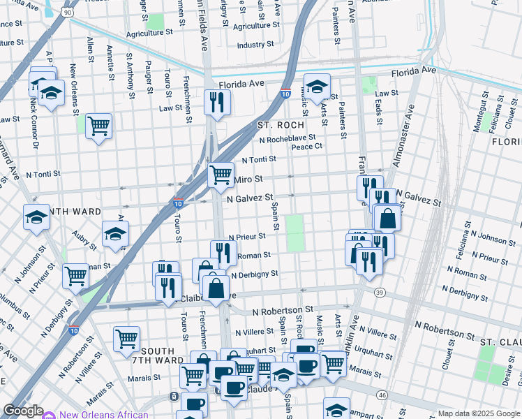 map of restaurants, bars, coffee shops, grocery stores, and more near 2262 North Johnson Street in New Orleans
