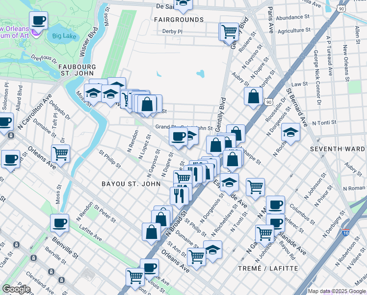 map of restaurants, bars, coffee shops, grocery stores, and more near 1928 Esplanade Avenue in New Orleans