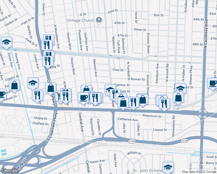 map of restaurants, bars, coffee shops, grocery stores, and more near 3911 Derbigny Street in Metairie