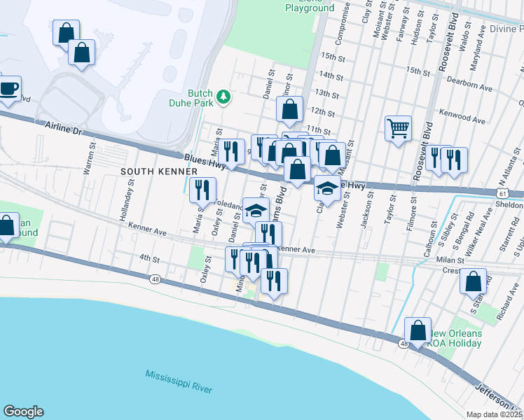 map of restaurants, bars, coffee shops, grocery stores, and more near 613 Williams Boulevard in Kenner