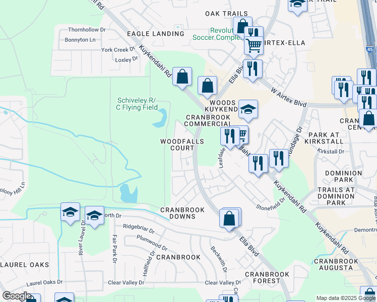 map of restaurants, bars, coffee shops, grocery stores, and more near 14531 Ella Boulevard in Houston