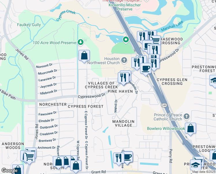 map of restaurants, bars, coffee shops, grocery stores, and more near 10255 Cypresswood Drive in Houston