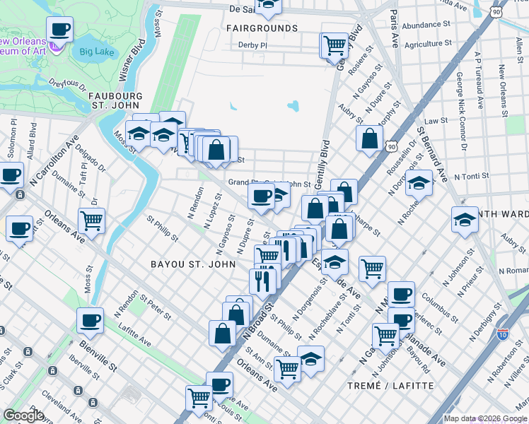 map of restaurants, bars, coffee shops, grocery stores, and more near 1928 Esplanade Avenue in New Orleans