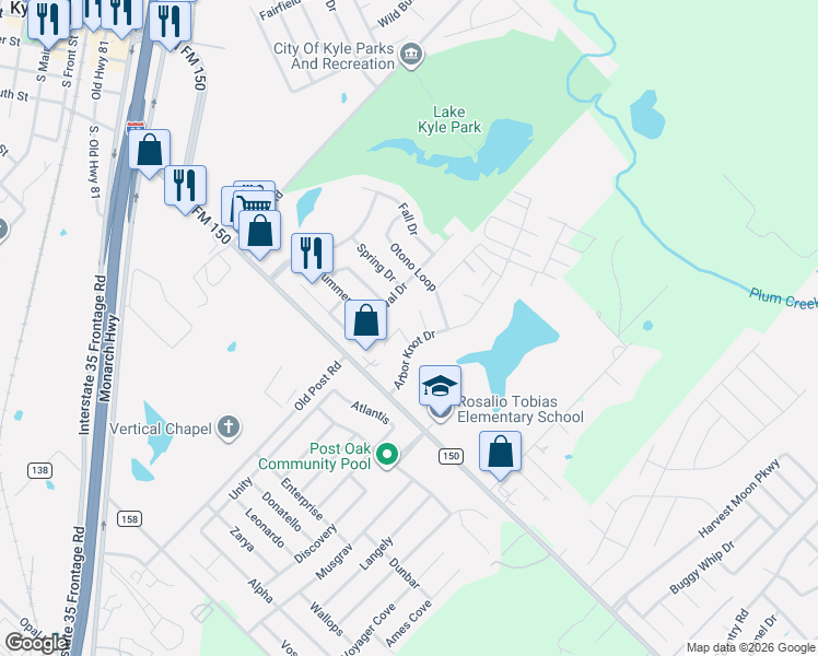 map of restaurants, bars, coffee shops, grocery stores, and more near 140 Caddis Cove in Kyle