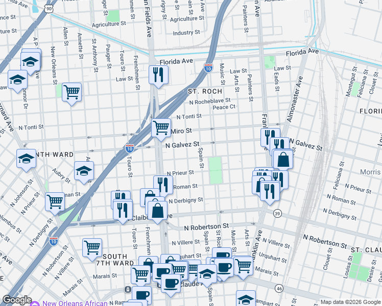 map of restaurants, bars, coffee shops, grocery stores, and more near 2262 North Johnson Street in New Orleans