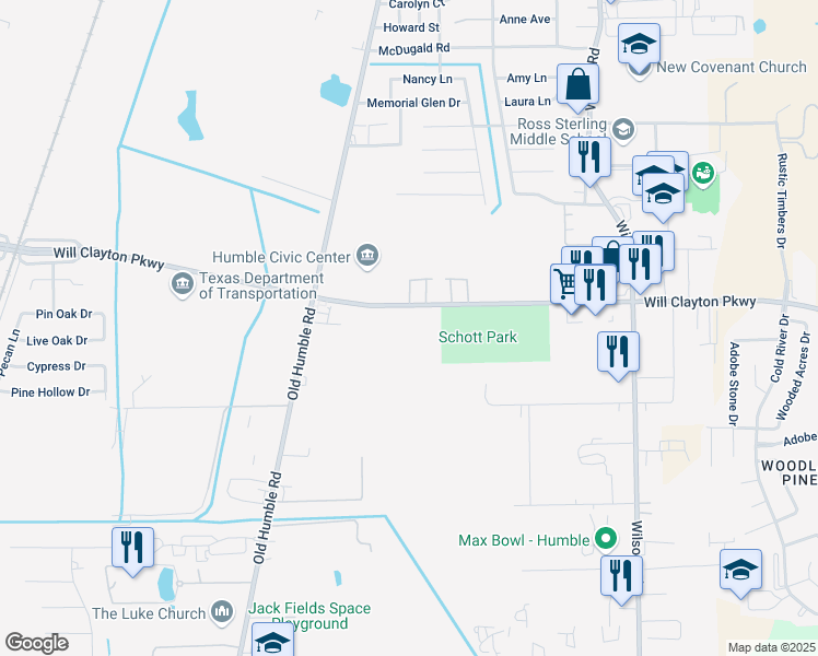 map of restaurants, bars, coffee shops, grocery stores, and more near 8450 Will Clayton Parkway in Humble
