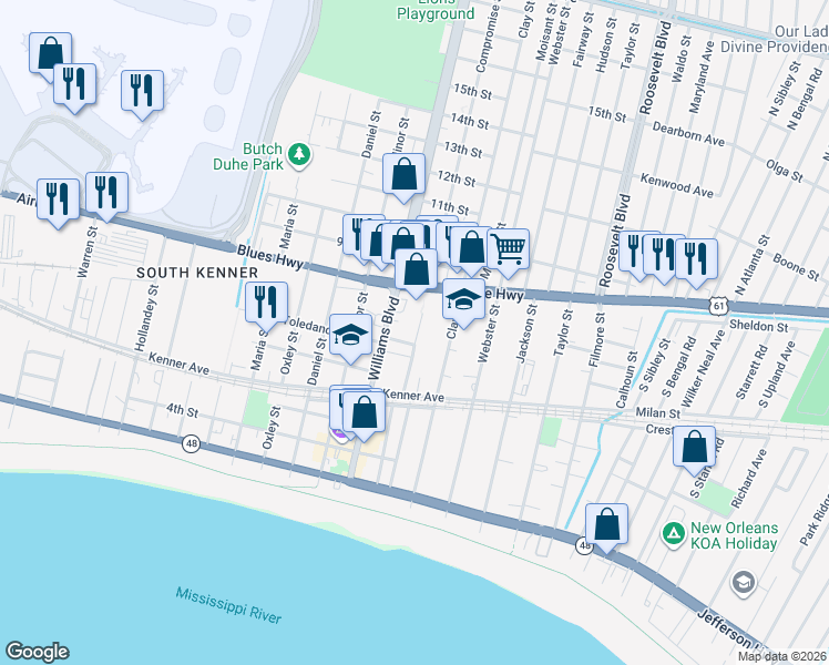 map of restaurants, bars, coffee shops, grocery stores, and more near 641 Compromise Street in Kenner