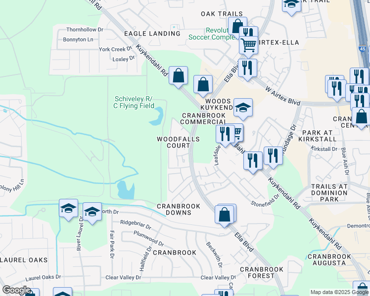 map of restaurants, bars, coffee shops, grocery stores, and more near 14531 Ella Boulevard in Houston