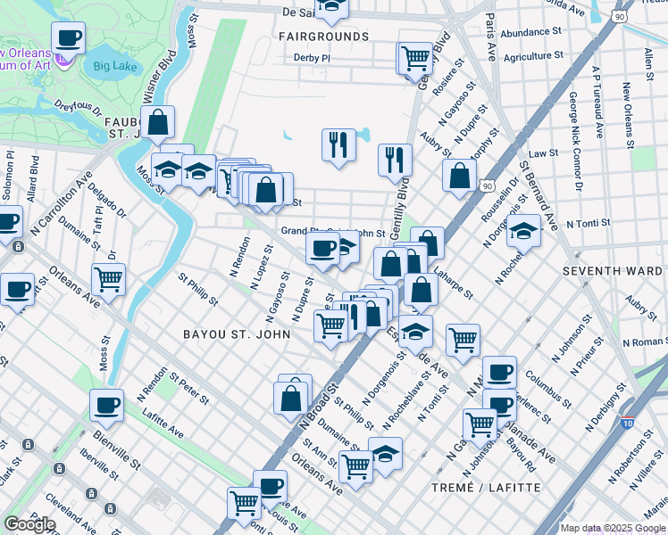 map of restaurants, bars, coffee shops, grocery stores, and more near 1512 North Dupre Street in New Orleans