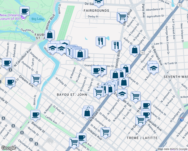 map of restaurants, bars, coffee shops, grocery stores, and more near Esplanade Ave & N Dupre St in New Orleans