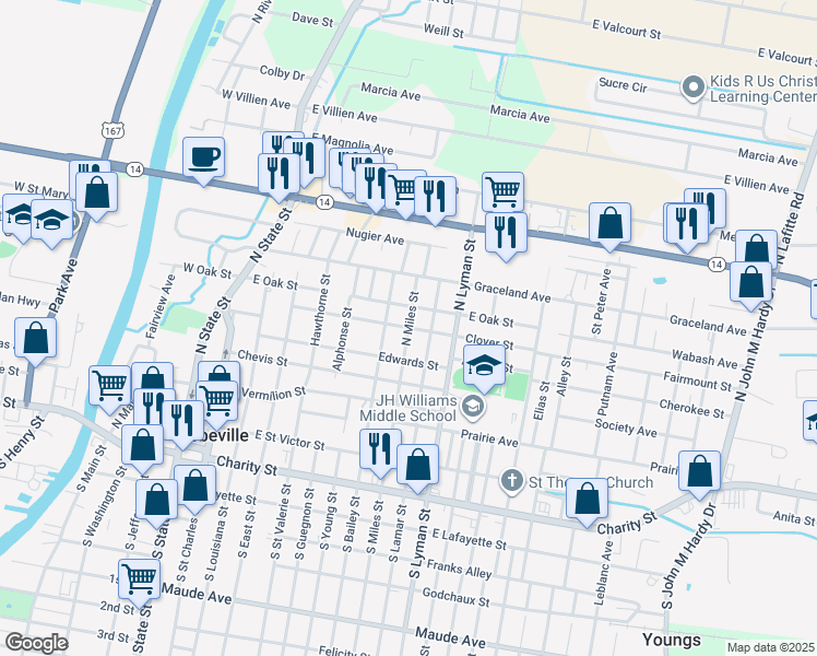 map of restaurants, bars, coffee shops, grocery stores, and more near 598 N Miles St in Abbeville