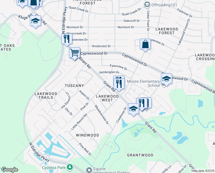map of restaurants, bars, coffee shops, grocery stores, and more near 11936 Lakewood West Drive in Cypress