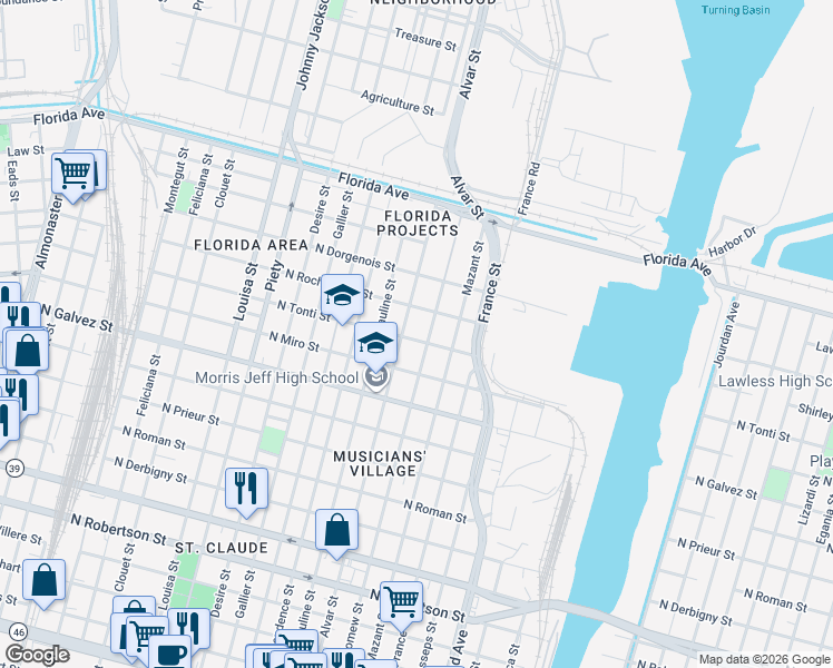 map of restaurants, bars, coffee shops, grocery stores, and more near 2344 Bartholomew Street in New Orleans