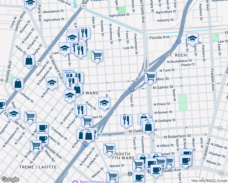 map of restaurants, bars, coffee shops, grocery stores, and more near 1901 North Galvez Street in New Orleans