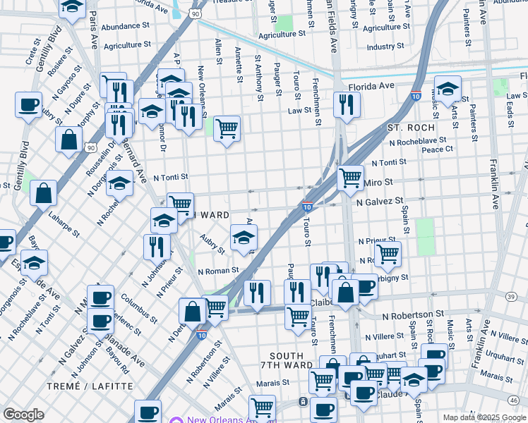 map of restaurants, bars, coffee shops, grocery stores, and more near 1901 North Galvez Street in New Orleans