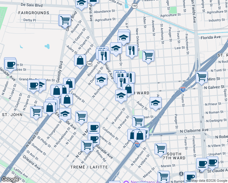 map of restaurants, bars, coffee shops, grocery stores, and more near 9 North Miro Street in New Orleans