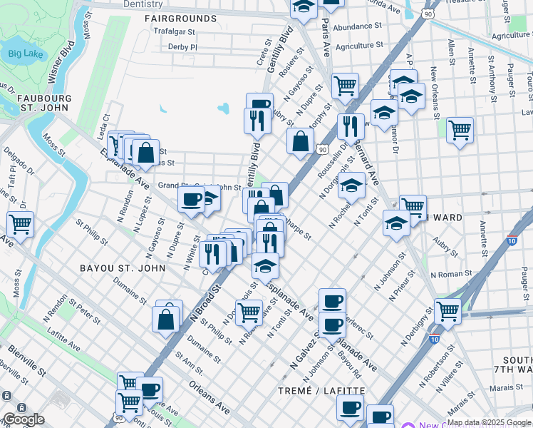 map of restaurants, bars, coffee shops, grocery stores, and more near 2621 Laharpe Street in New Orleans