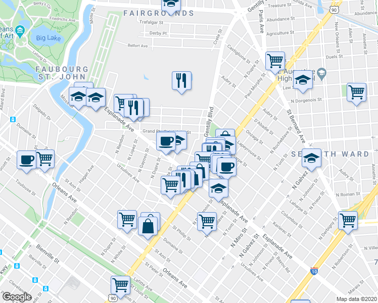 map of restaurants, bars, coffee shops, grocery stores, and more near 1464 North White Street in New Orleans
