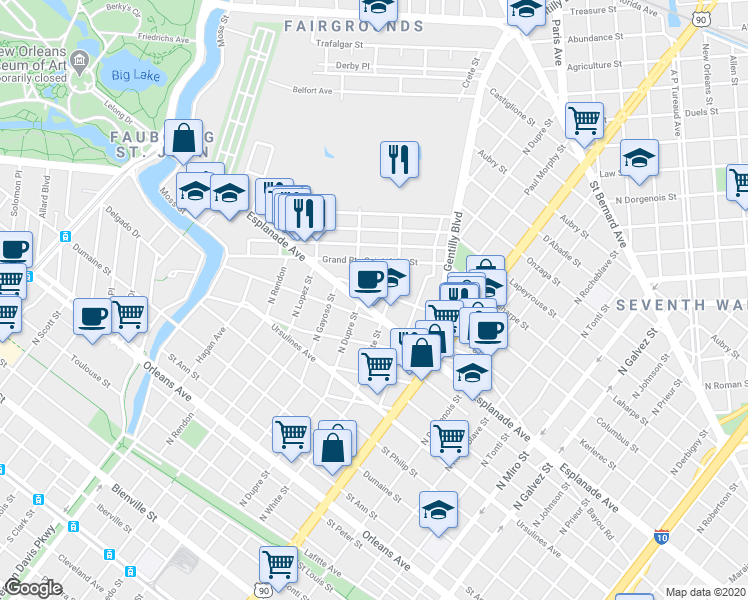 map of restaurants, bars, coffee shops, grocery stores, and more near in New Orleans