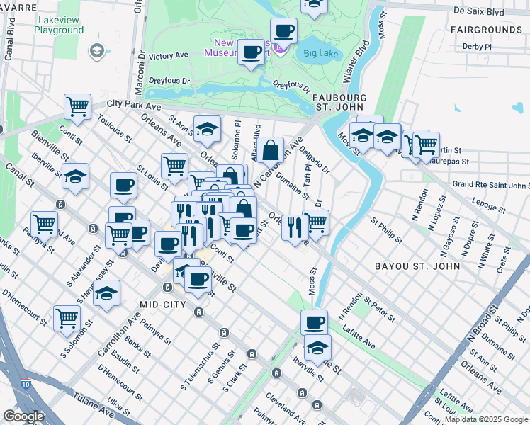 map of restaurants, bars, coffee shops, grocery stores, and more near in New Orleans