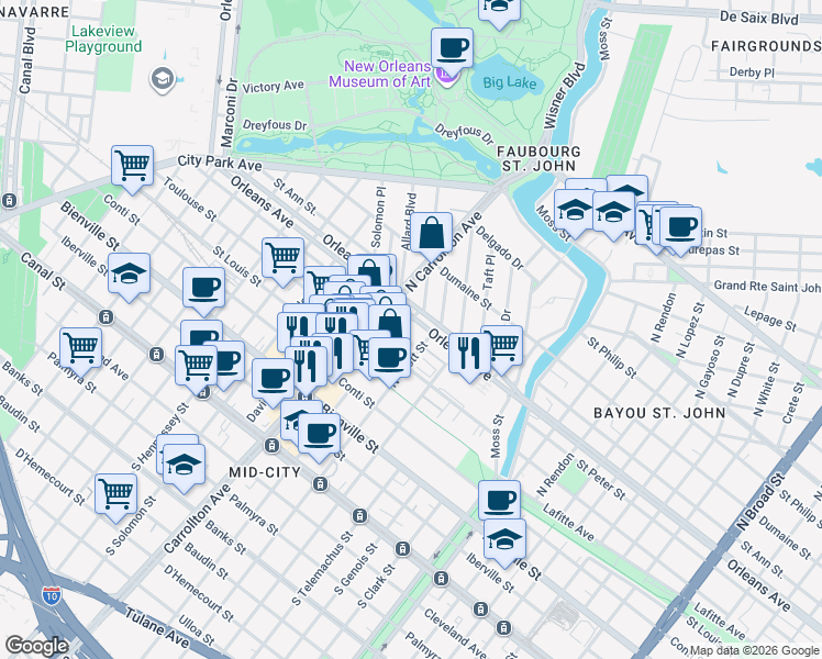 map of restaurants, bars, coffee shops, grocery stores, and more near in New Orleans