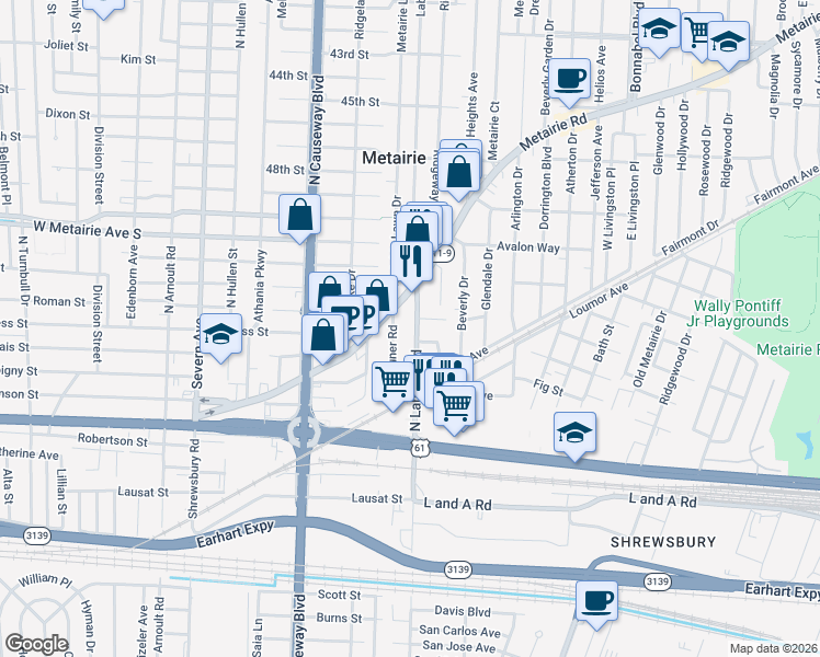 map of restaurants, bars, coffee shops, grocery stores, and more near 2621 Labarre Lane in Metairie