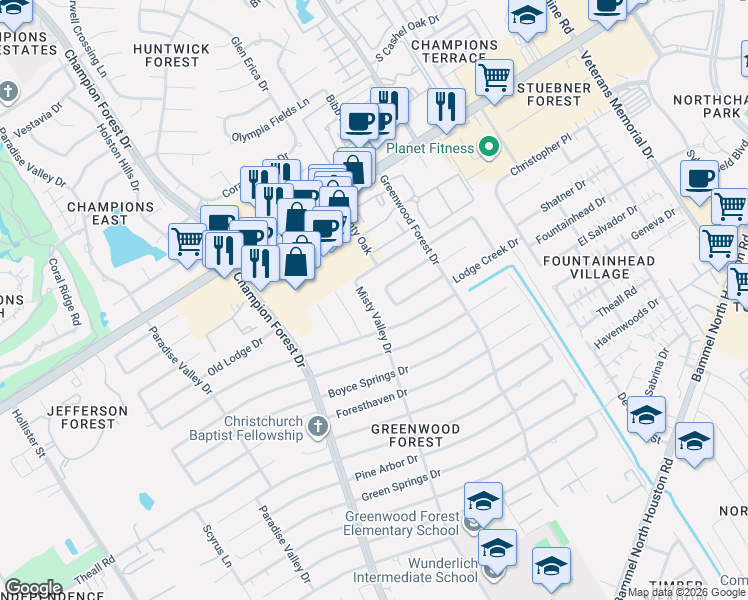 map of restaurants, bars, coffee shops, grocery stores, and more near 5334 Lawn Arbor Drive in Houston