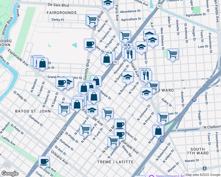 map of restaurants, bars, coffee shops, grocery stores, and more near 2498 Lapeyrouse Street in New Orleans