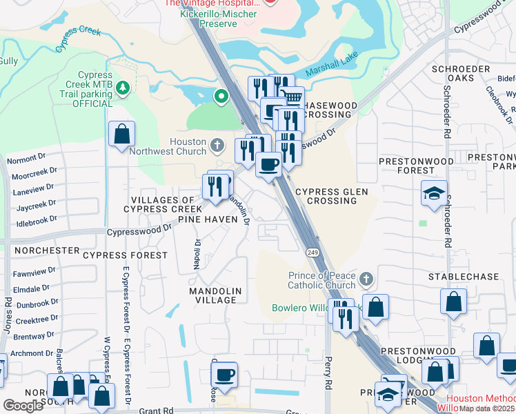 map of restaurants, bars, coffee shops, grocery stores, and more near 13920 Mandolin Drive in Houston