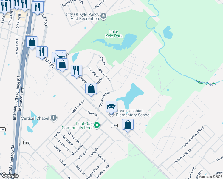 map of restaurants, bars, coffee shops, grocery stores, and more near 164 Kype Cove in Kyle